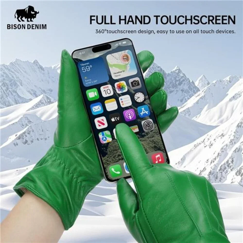 New Sheepskin Leather Gloves Cashmere Lined Green Touchscreen Women Size Large